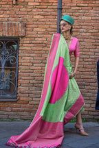 Monjolika Fashion Weaving Green And Rani Handloom Silk Trendy Saree - Distacart