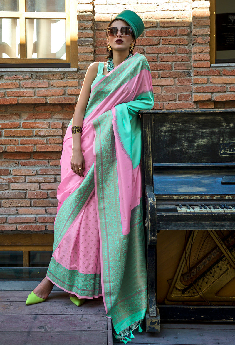 Monjolika Fashion Pink And Sea Green Weaving Silk Ceremonial Trendy Saree - Distacart
