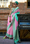Monjolika Fashion Pink And Sea Green Weaving Silk Ceremonial Trendy Saree - Distacart