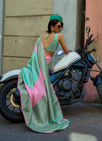 Monjolika Fashion Pink And Sea Green Weaving Silk Ceremonial Trendy Saree - Distacart