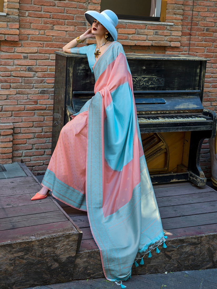 Monjolika Fashion Light Blue And Peach Weaving Silk Festival Contemporary Saree - Distacart