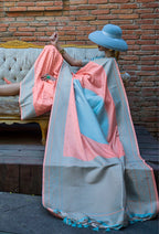 Monjolika Fashion Light Blue And Peach Weaving Silk Festival Contemporary Saree - Distacart