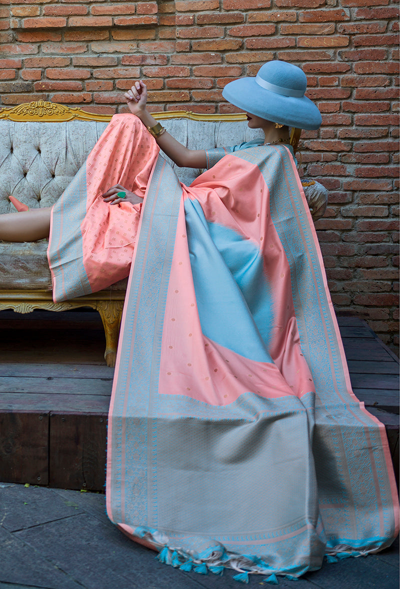 Monjolika Fashion Light Blue And Peach Weaving Silk Festival Contemporary Saree - Distacart