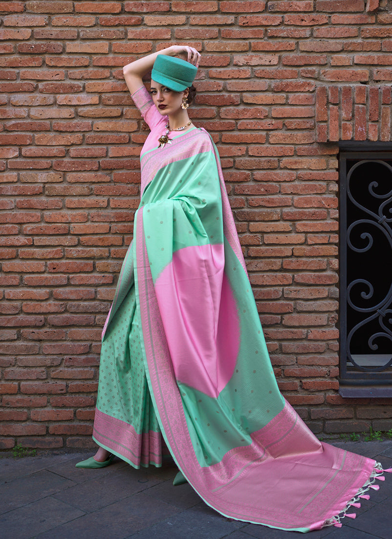 Monjolika Fashion Sea Green And Pink Weaving Ceremonial Trendy Saree - Distacart