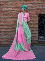 Monjolika Fashion Sea Green And Pink Weaving Ceremonial Trendy Saree - Distacart