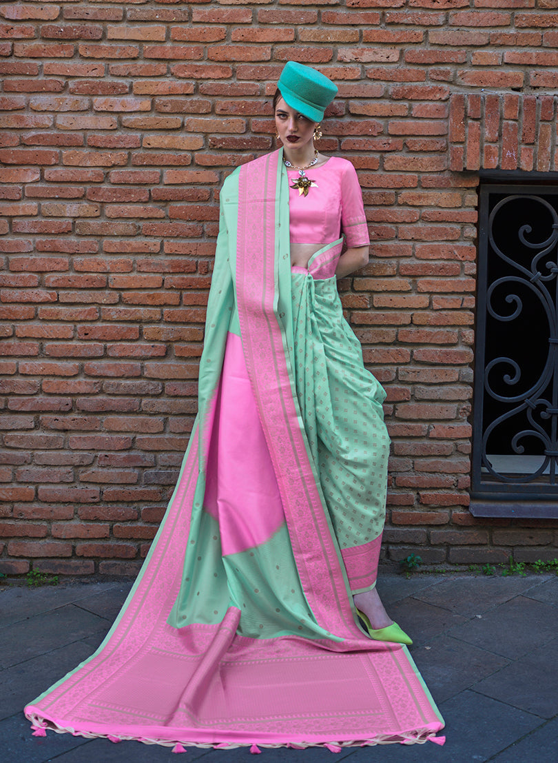 Monjolika Fashion Sea Green And Pink Weaving Ceremonial Trendy Saree - Distacart