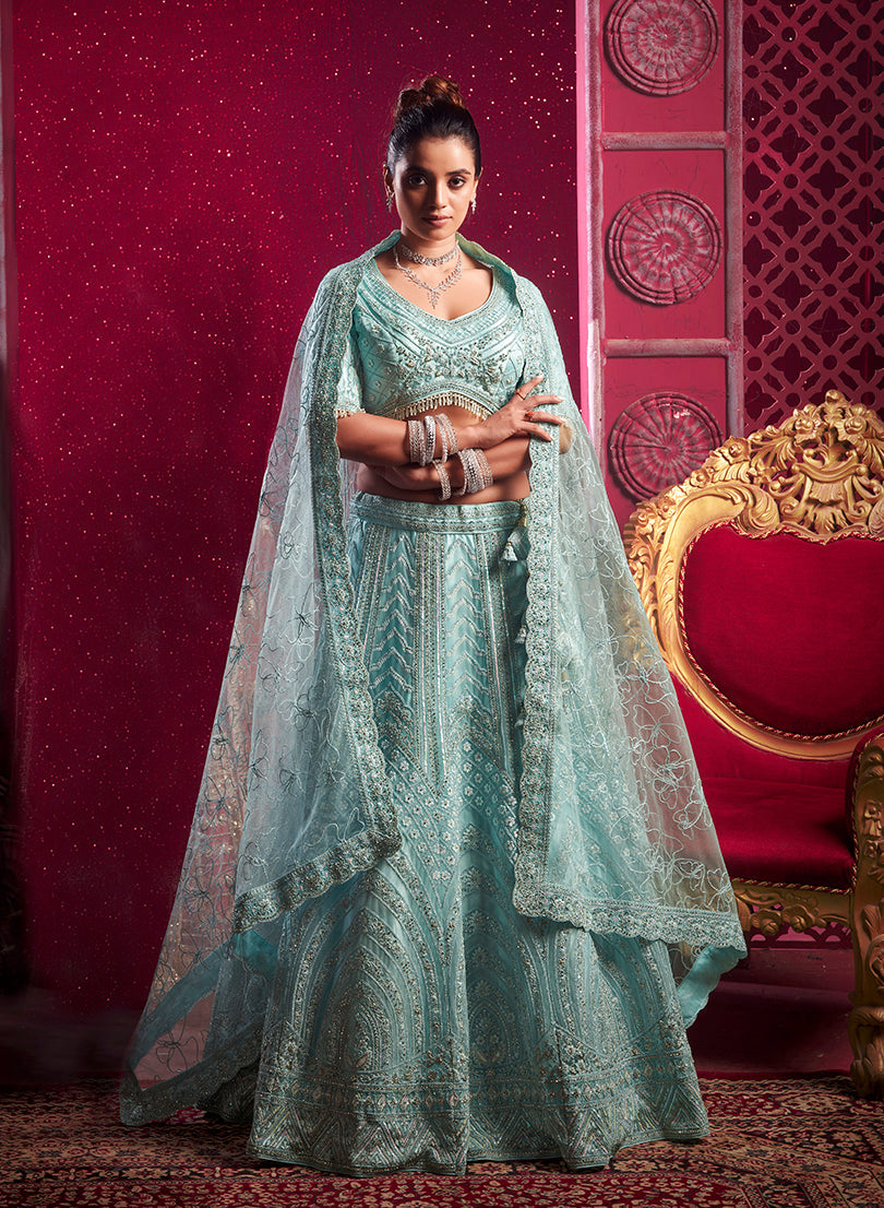 Monjolika Fashion Aqua Blue Embroidered And Sequin Work Wedding Lehenga Choli