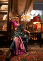 Monjolika Fashion Satin Dark Green Weaving Work Classic Saree