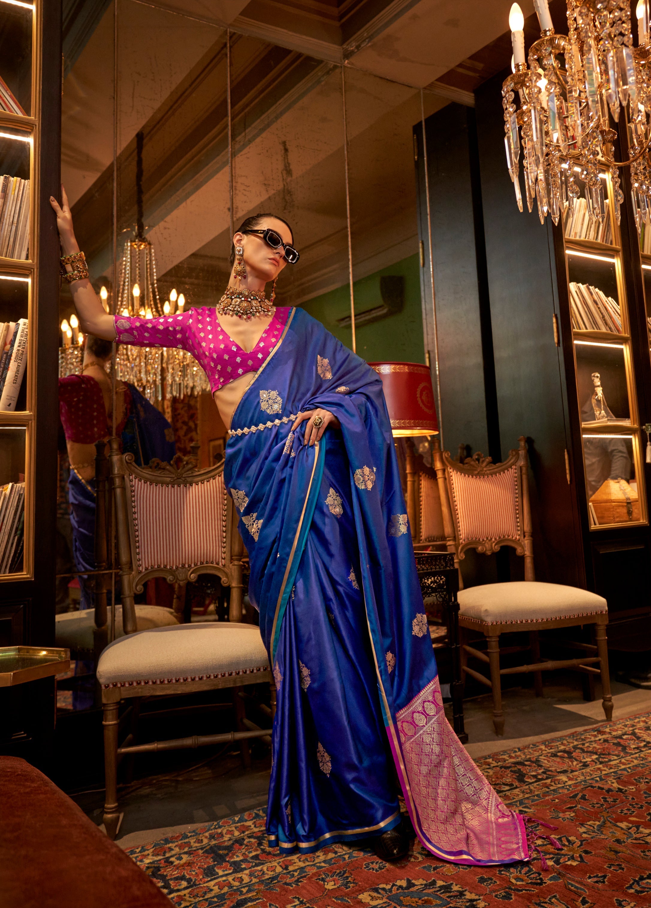 Monjolika Fashion Royal Blue Weaving Work Satin Contemporary Saree