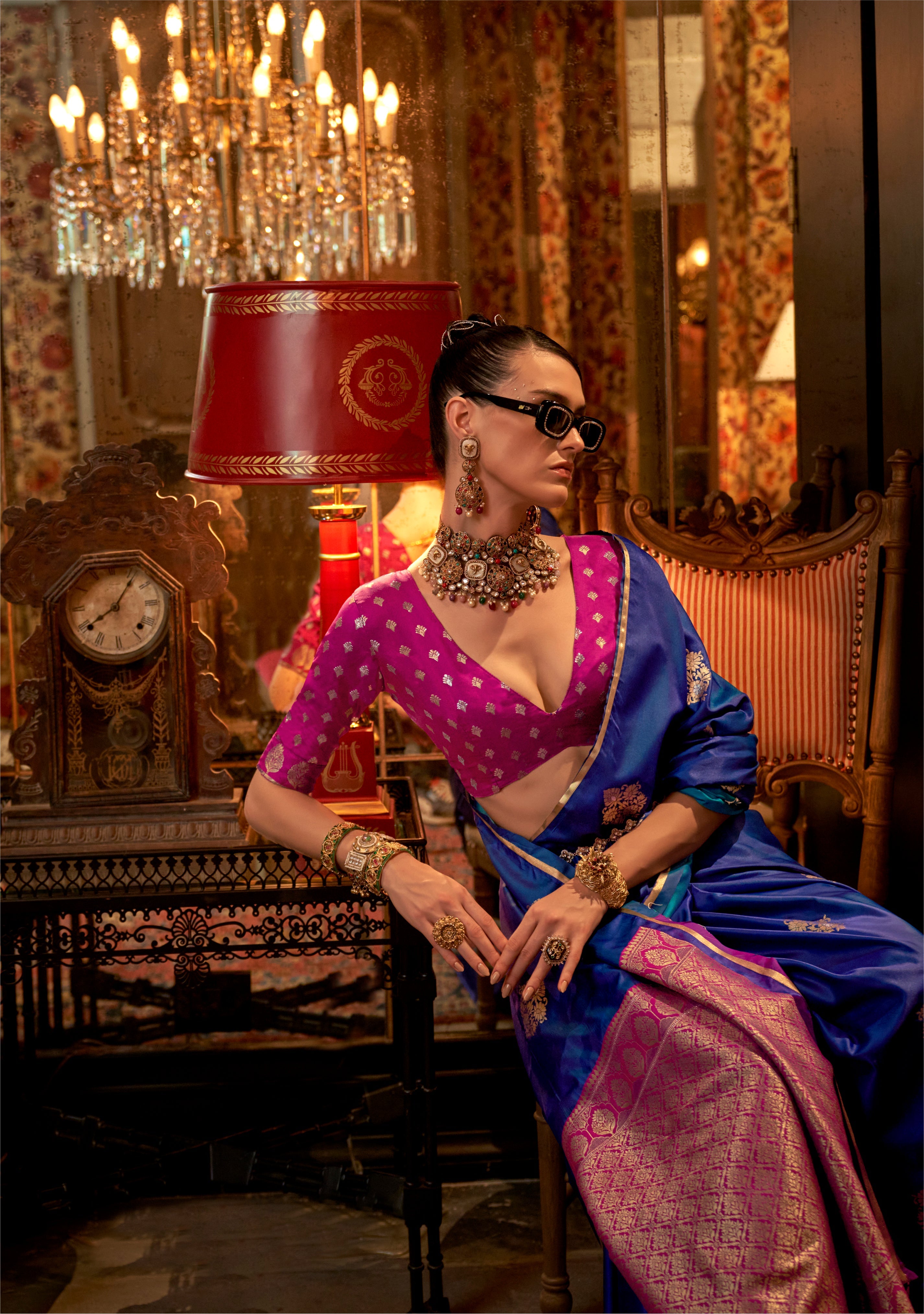 Monjolika Fashion Royal Blue Weaving Work Satin Contemporary Saree
