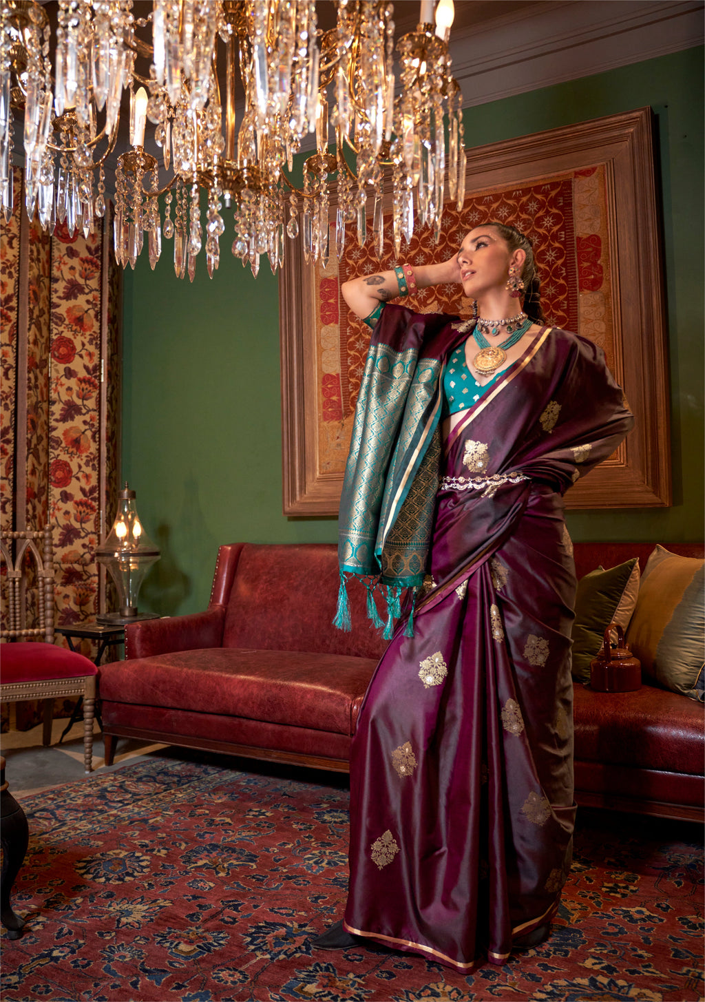 Monjolika Fashion Wine Weaving Work Satin Designer Saree