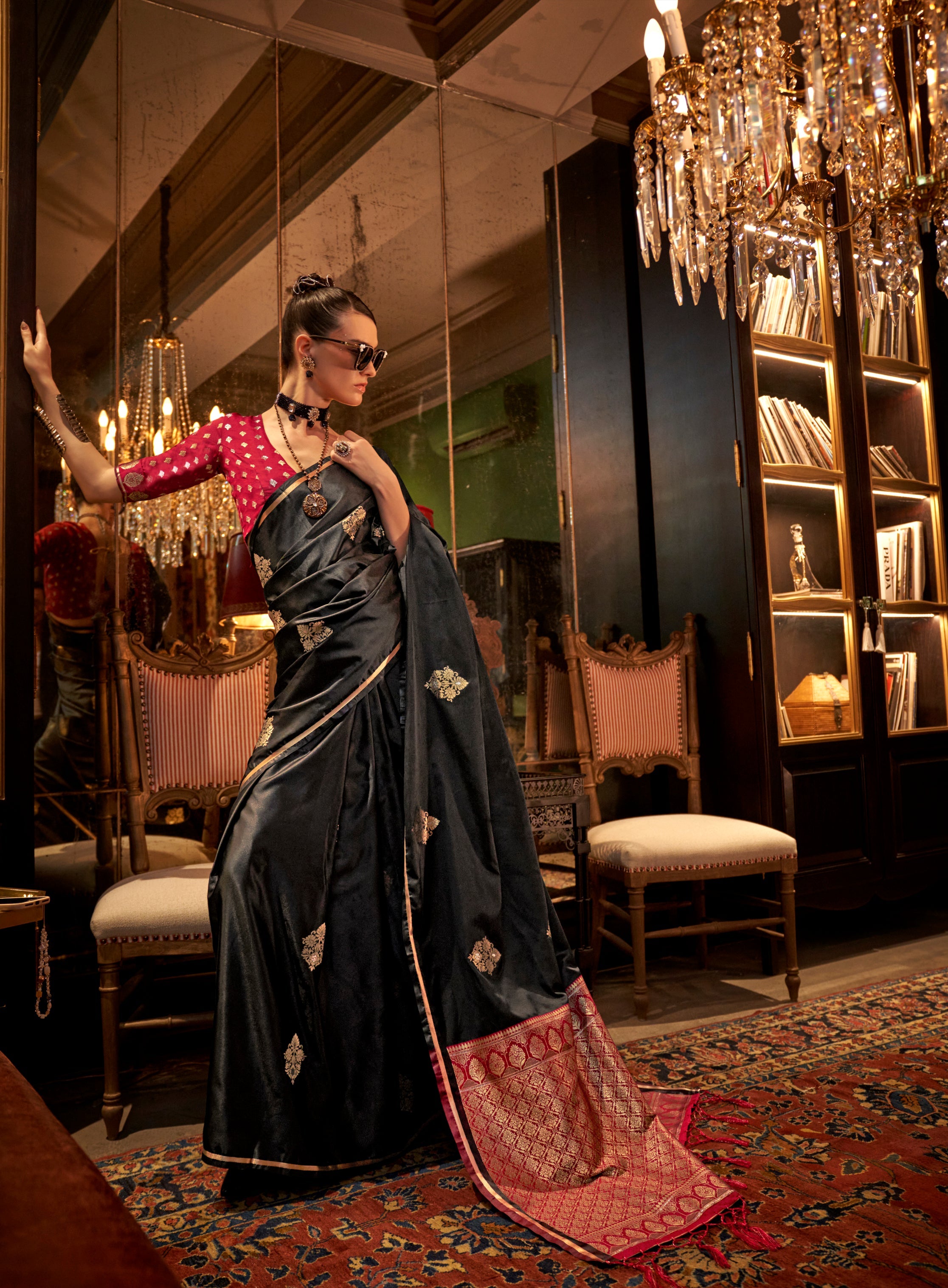 Monjolika Fashion Satin Black Weaving Work Trendy Saree