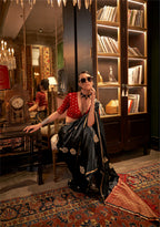 Monjolika Fashion Satin Black Weaving Work Trendy Saree