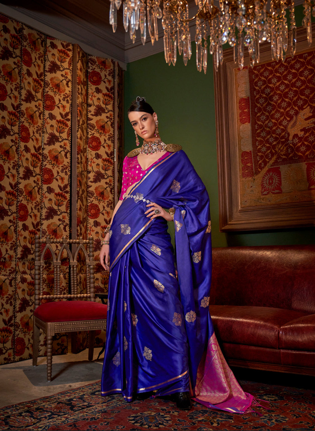 Monjolika Fashion Blue Satin Weaving Work Classic Saree