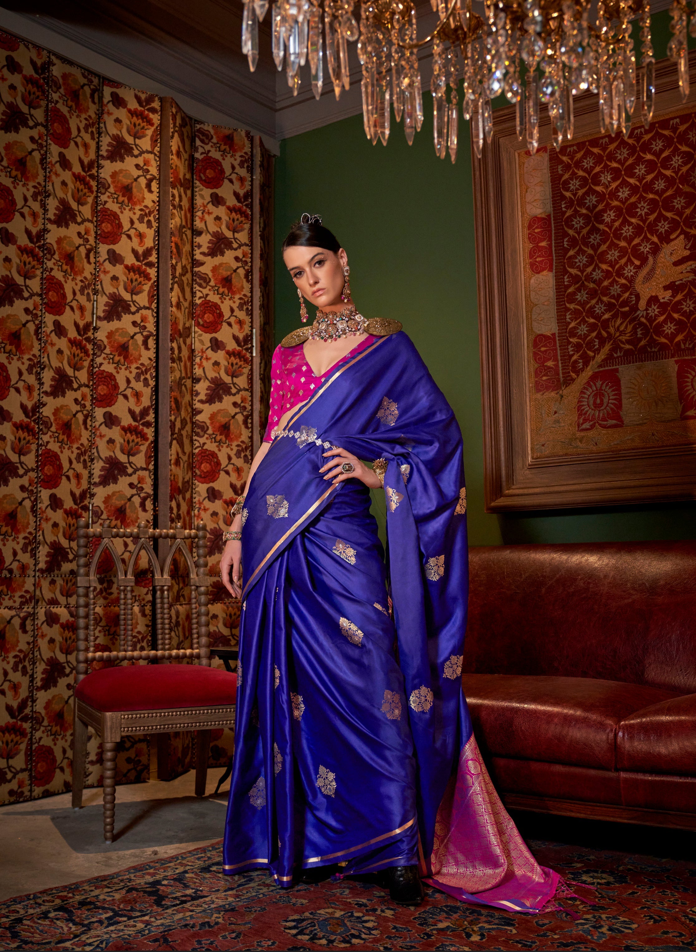 Monjolika Fashion Blue Satin Weaving Work Classic Saree