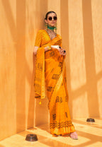 Monjolika Fashion Yellow Printed Georgette Contemporary Saree - Distacart