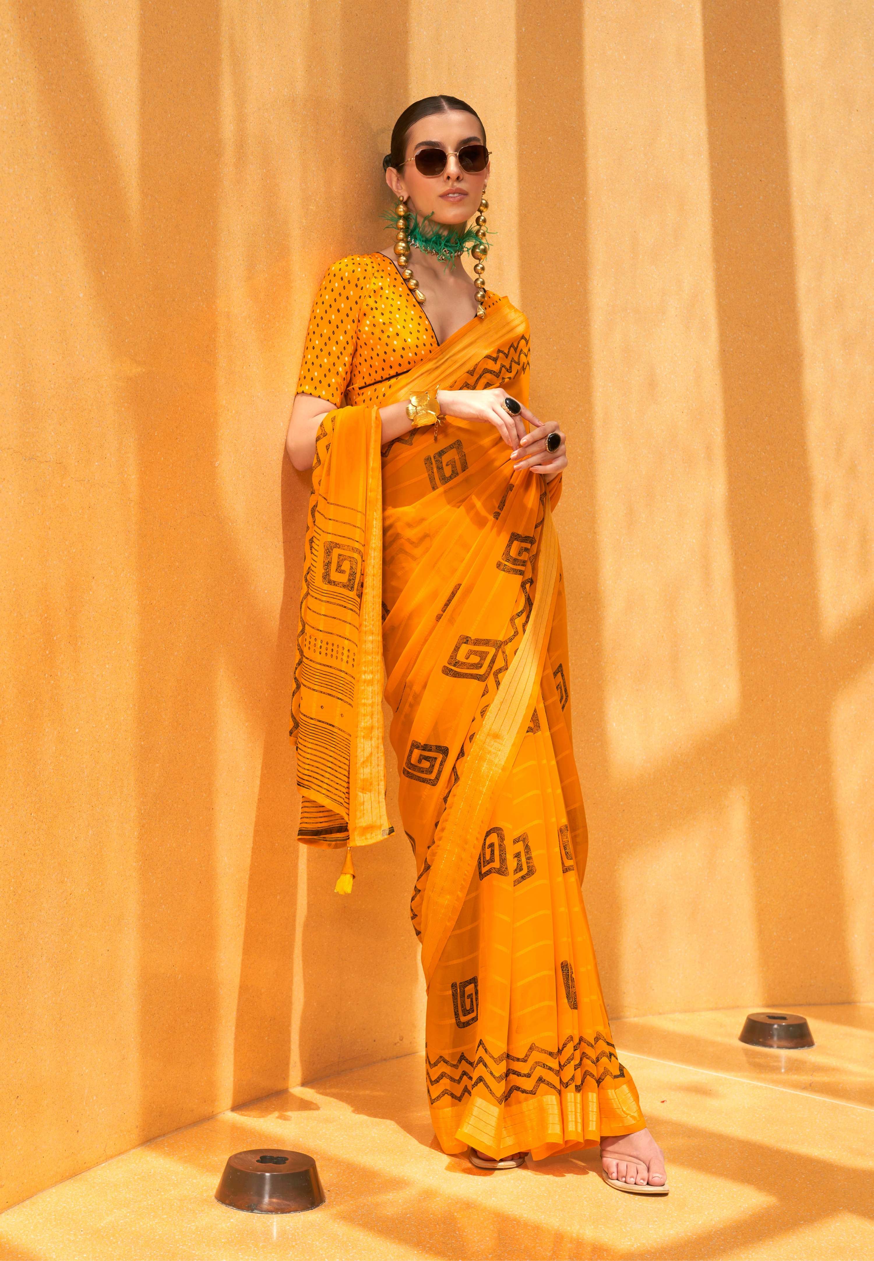 Monjolika Fashion Yellow Printed Georgette Contemporary Saree - Distacart