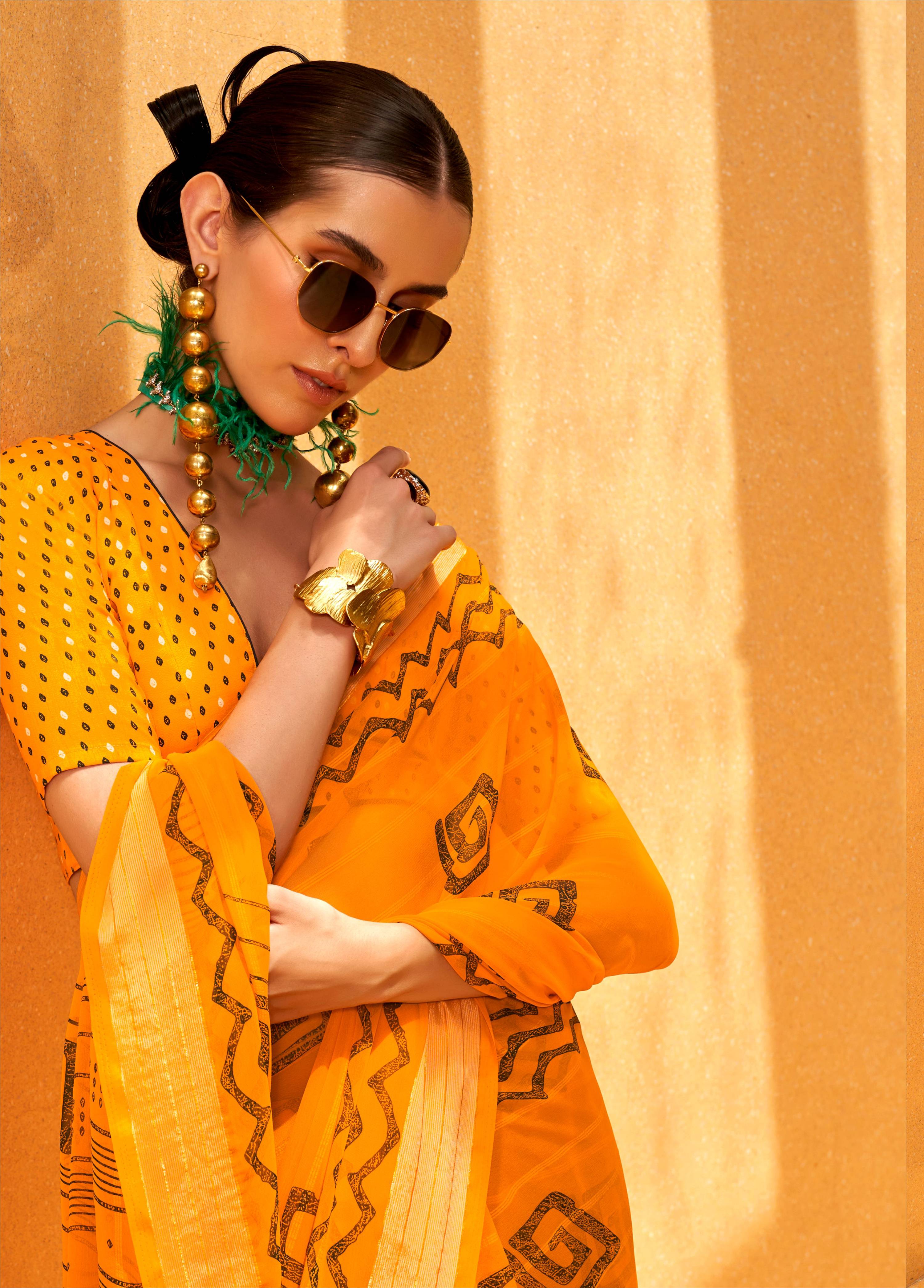 Monjolika Fashion Yellow Printed Georgette Contemporary Saree - Distacart