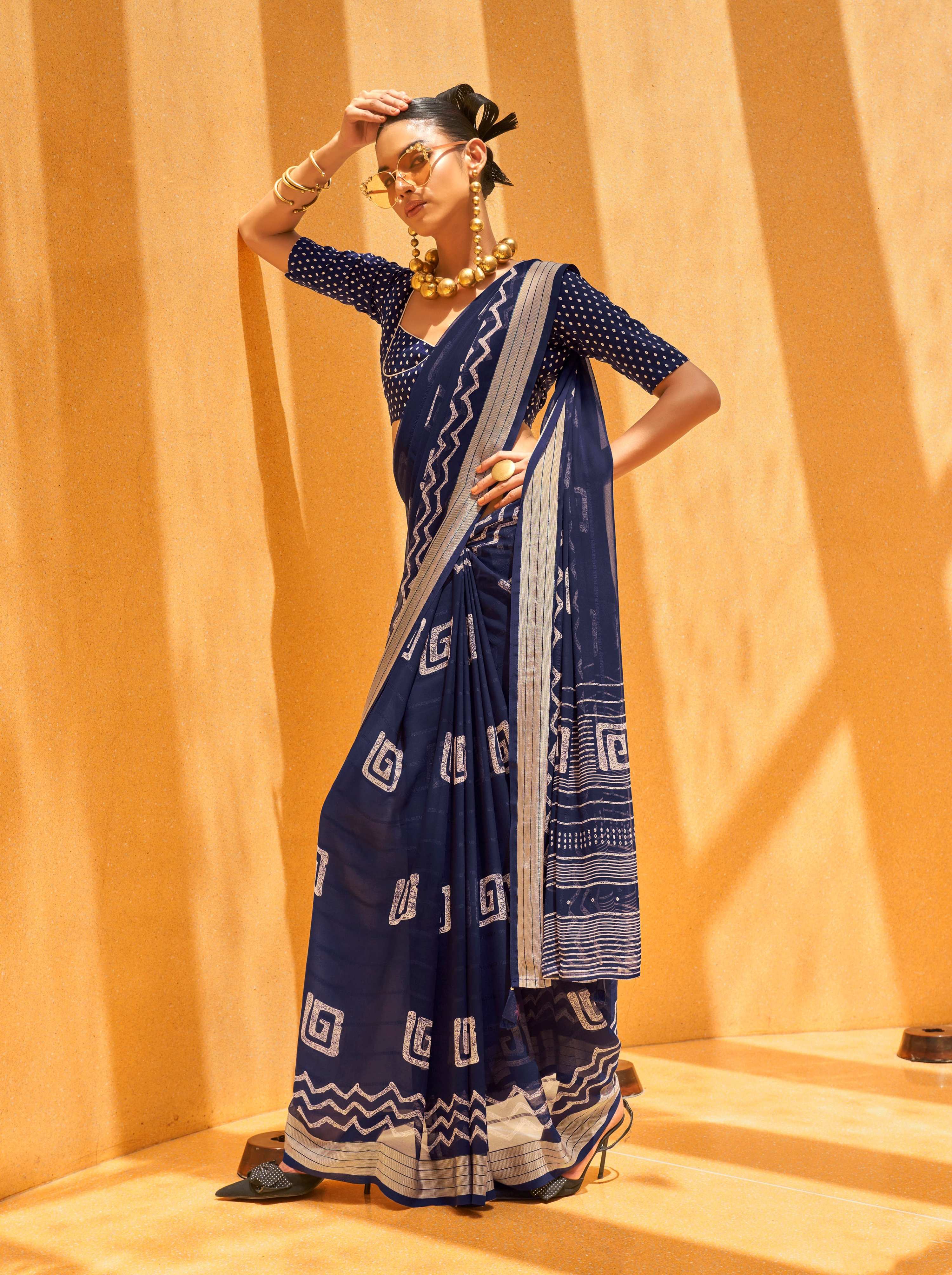Monjolika Fashion Georgette Print Casual Navy Blue Designer Saree - Distacart