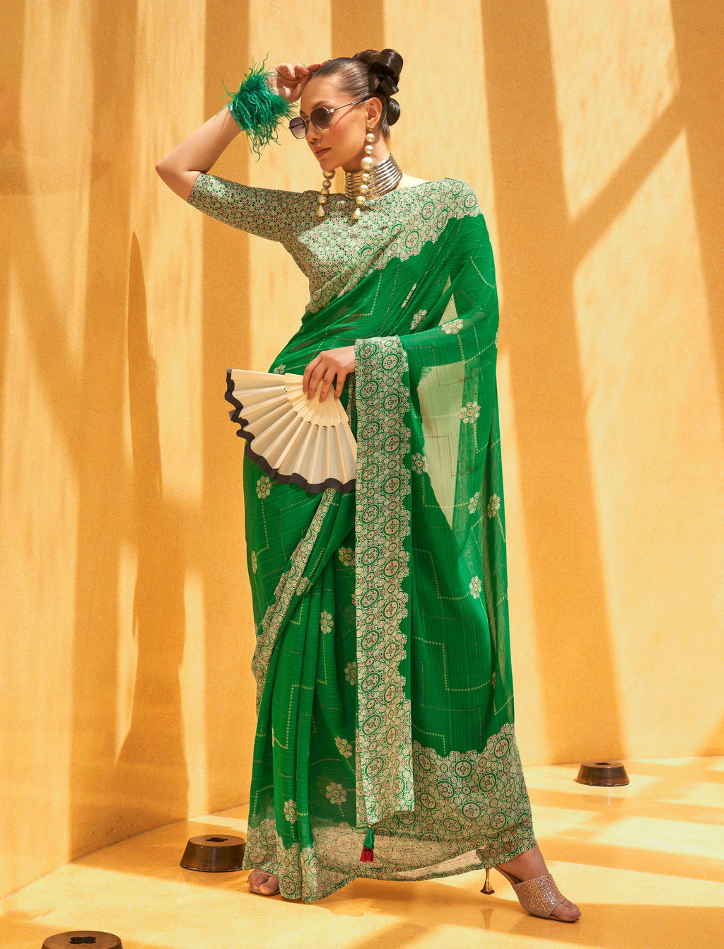 Monjolika Fashion Georgette Printed Classic Saree In Green - Distacart