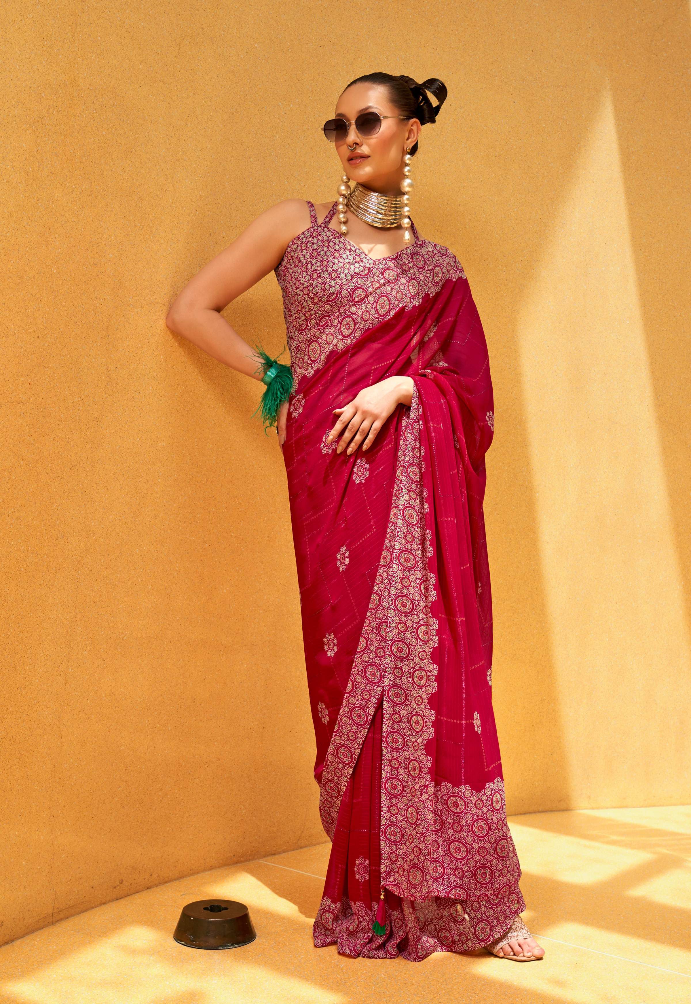 Monjolika Fashion Hot Pink Party Georgette Printed Contemporary Saree - Distacart