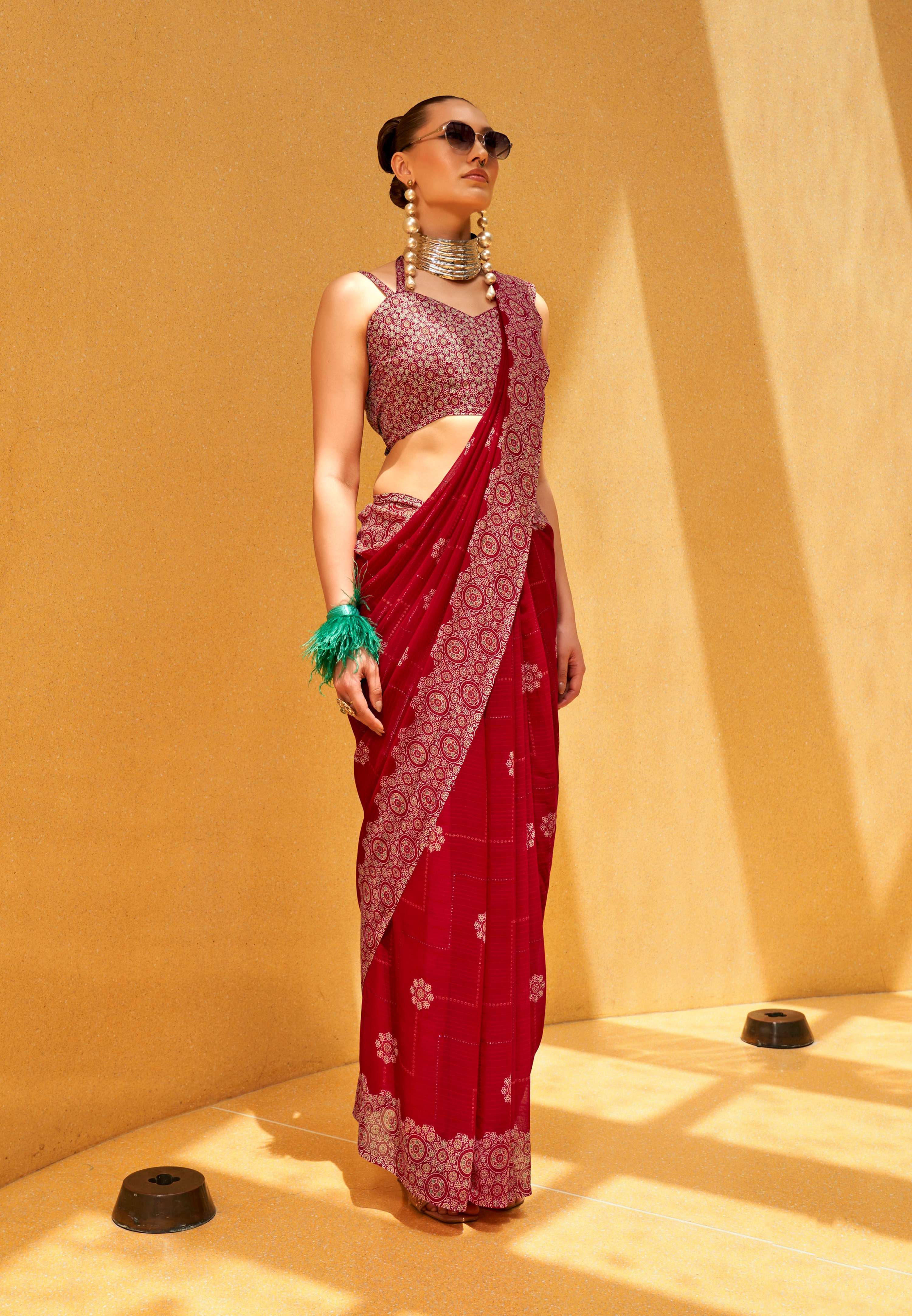 Monjolika Fashion Hot Pink Party Georgette Printed Contemporary Saree - Distacart