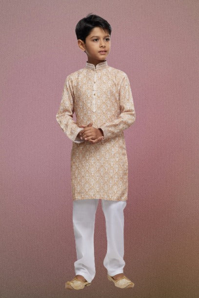 Raivat Ethnic Cotton Thread Work Kids Kurta Pajama In Beige Colour