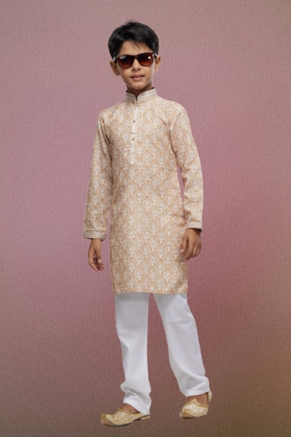 Raivat Ethnic Cotton Thread Work Kids Kurta Pajama In Beige Colour