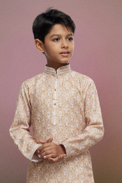 Raivat Ethnic Cotton Thread Work Kids Kurta Pajama In Beige Colour