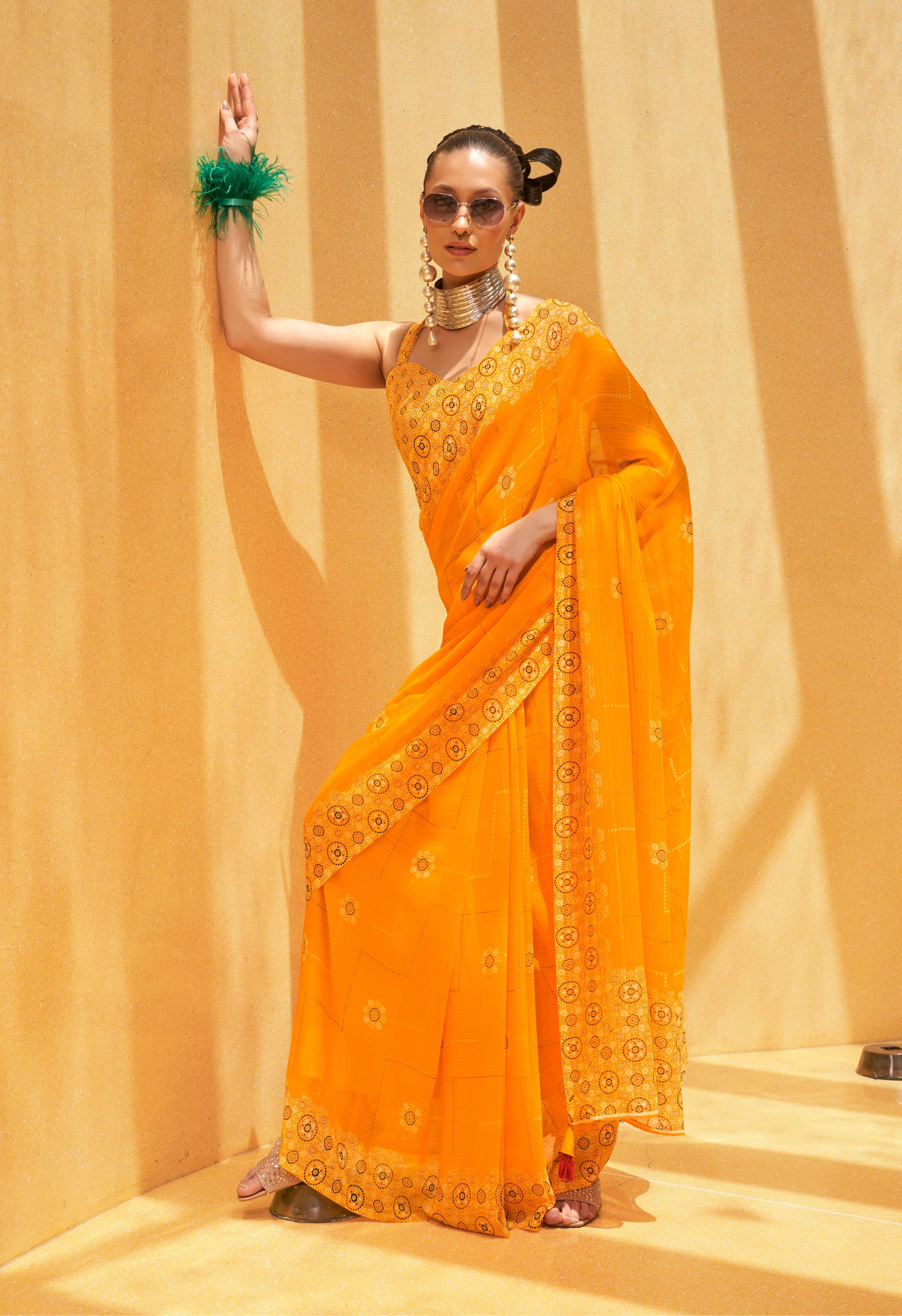 Monjolika Fashion Georgette Yellow Printed Trendy Saree - Distacart