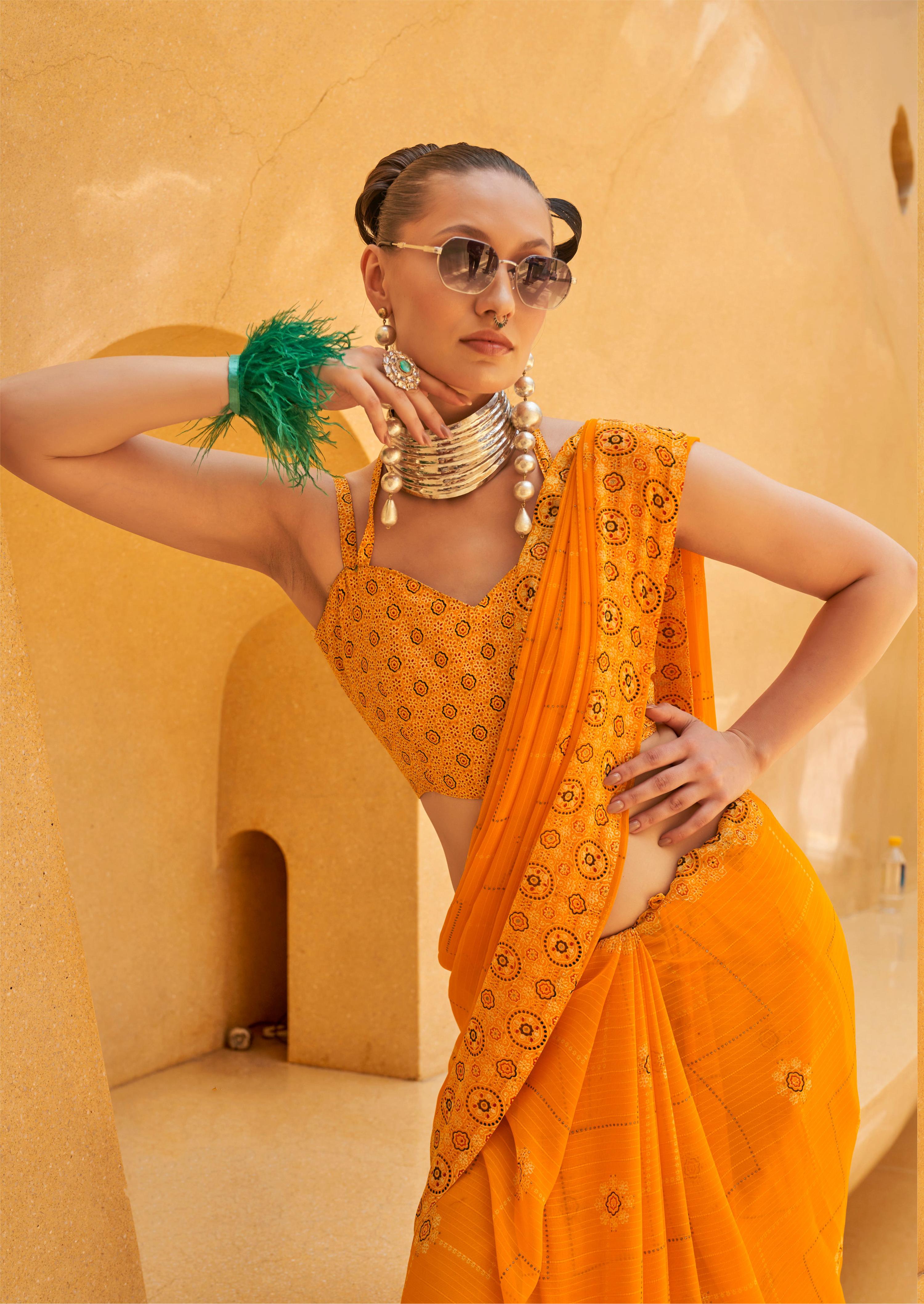 Monjolika Fashion Georgette Yellow Printed Trendy Saree - Distacart