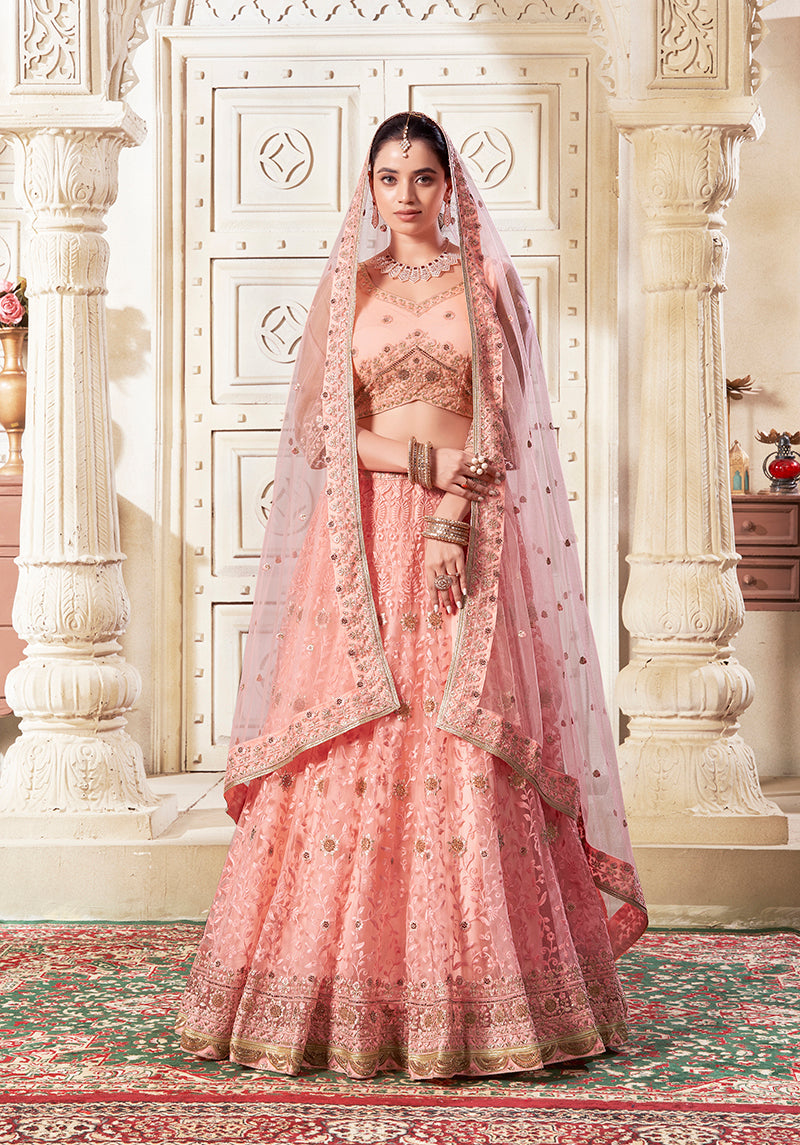 Monjolika Fashion Peach Net Thread Embroidery And Dimond Work Lehenga Choli