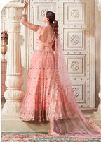Monjolika Fashion Peach Net Thread Embroidery And Dimond Work Lehenga Choli
