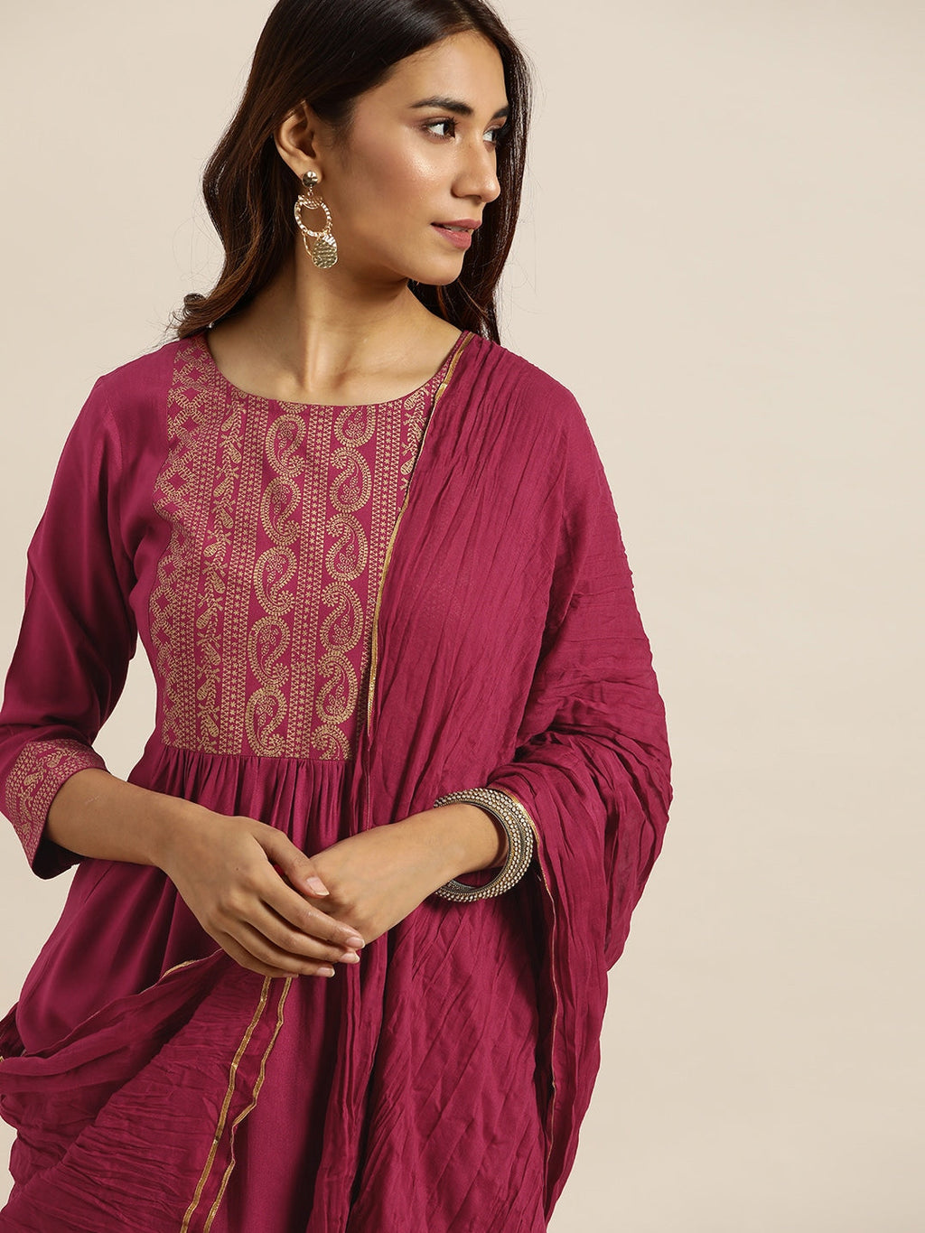 Sangria Women Magenta & Golden Printed Kurta with Palazzos & Dupatta