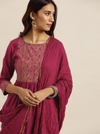 Sangria Women Magenta & Golden Printed Kurta with Palazzos & Dupatta