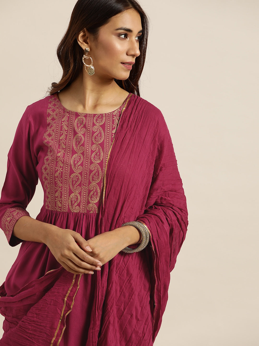 Sangria Women Magenta & Golden Printed Kurta with Palazzos & Dupatta
