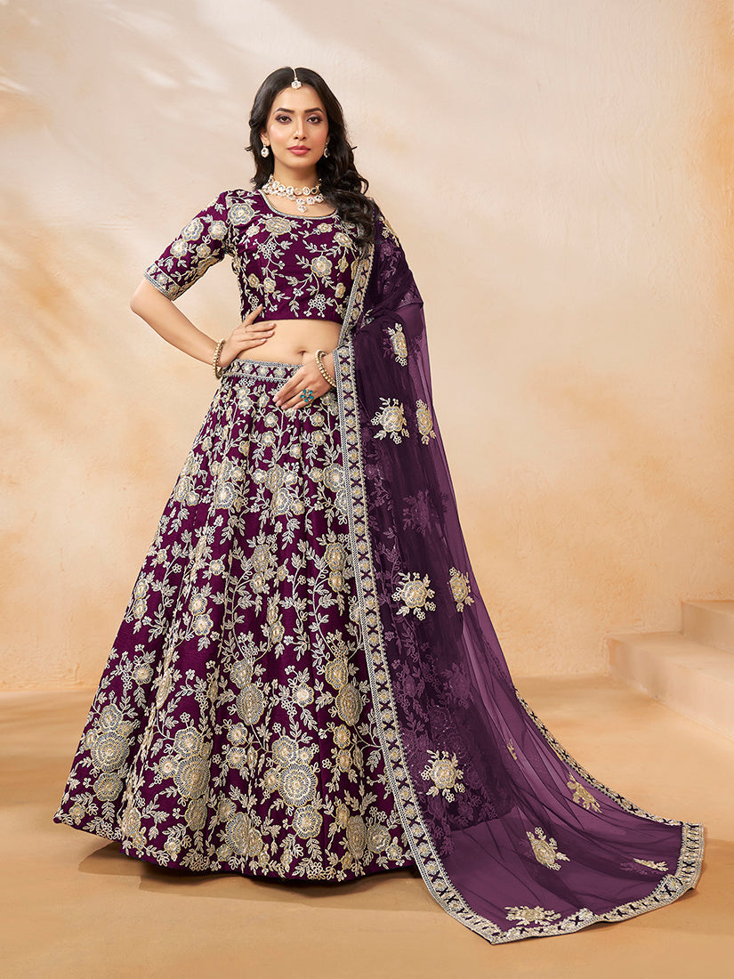 Monjolika Fashion Embroidered Art Silk Purple Lehenga Choli