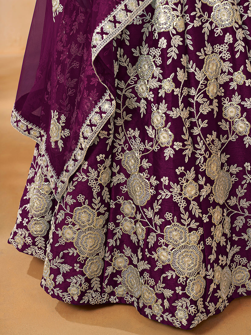 Monjolika Fashion Embroidered Art Silk Purple Lehenga Choli