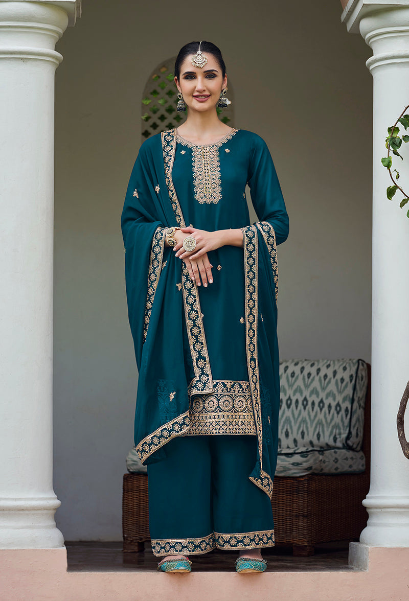 Monjolika Fashion Georgette Dark Teal Embroidered Designer Salwar Kameez - Distacart