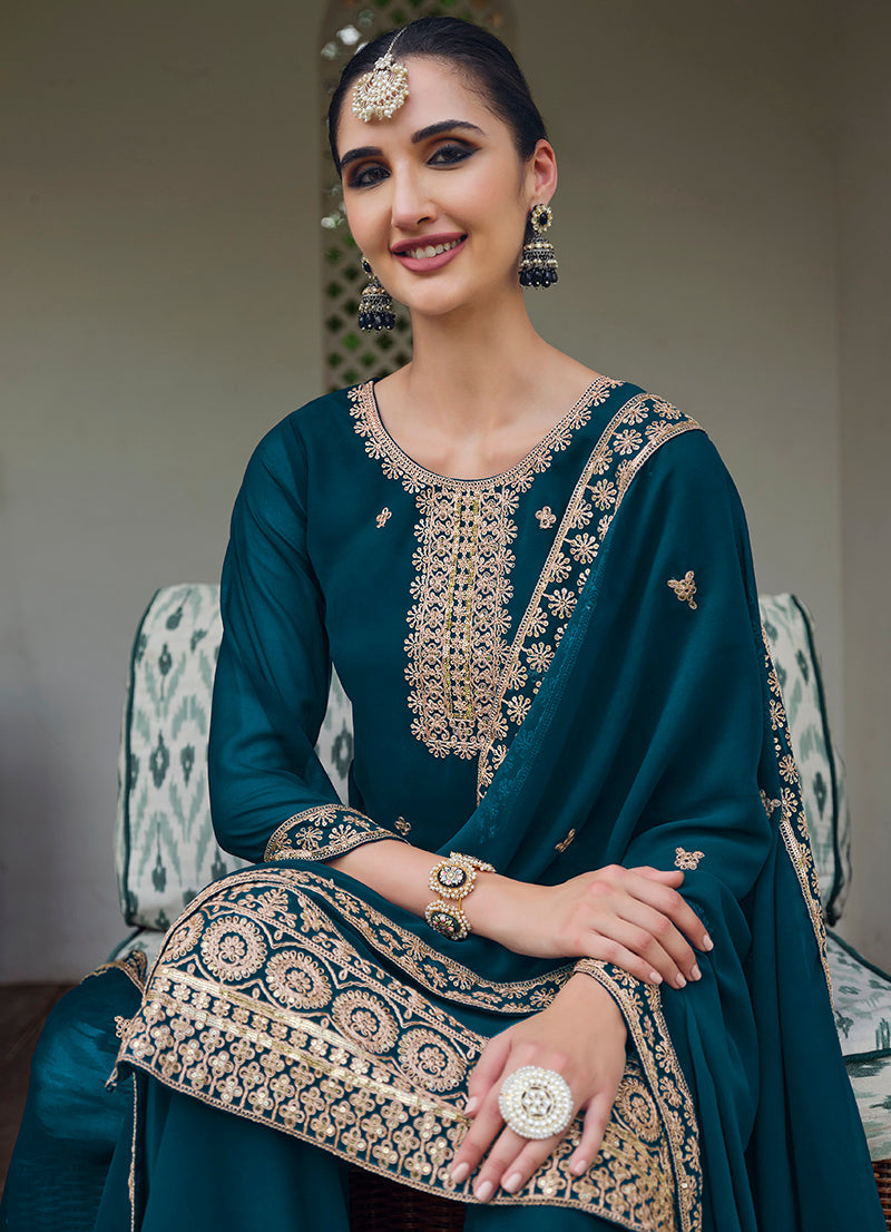 Monjolika Fashion Georgette Dark Teal Embroidered Designer Salwar Kameez - Distacart
