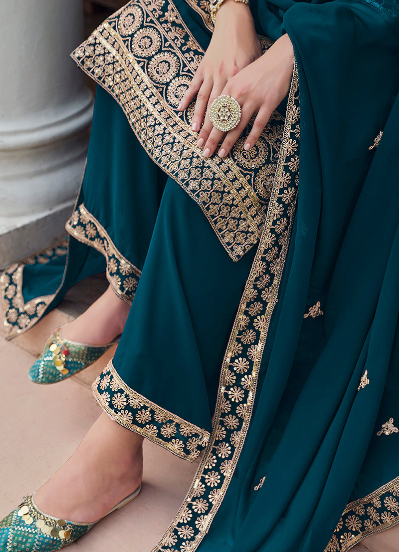 Monjolika Fashion Georgette Dark Teal Embroidered Designer Salwar Kameez - Distacart