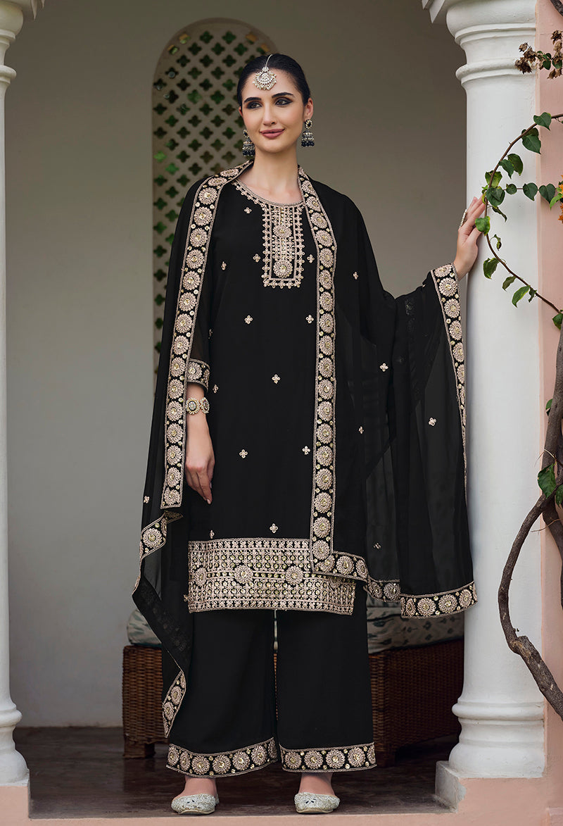 Monjolika Fashion Georgette Embroidered Black Salwar Kameez - Distacart