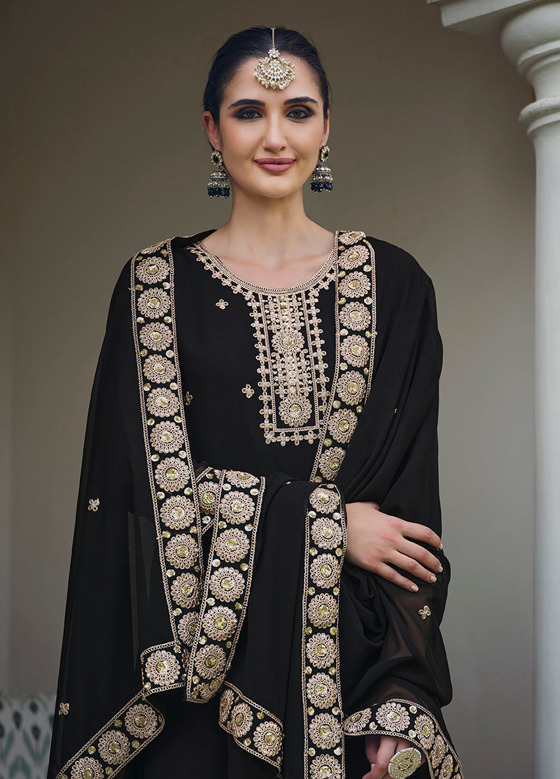 Monjolika Fashion Georgette Embroidered Black Salwar Kameez - Distacart