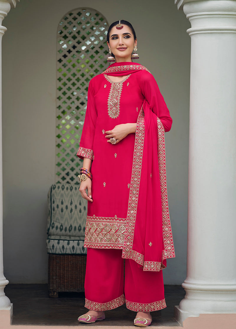 Monjolika Fashion Embroidered Georgette Rani Pink Trendy Salwar Kameez - Distacart