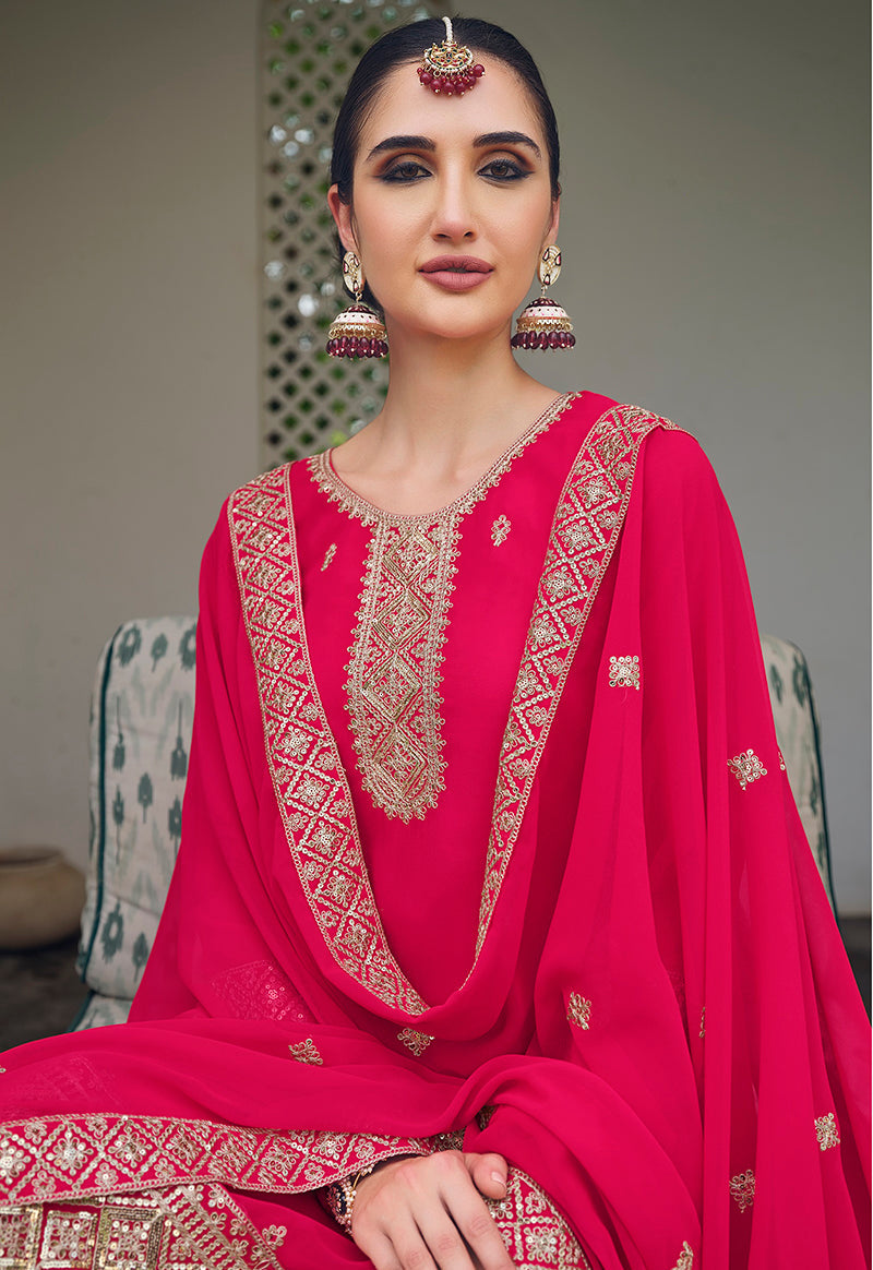 Monjolika Fashion Embroidered Georgette Rani Pink Trendy Salwar Kameez - Distacart