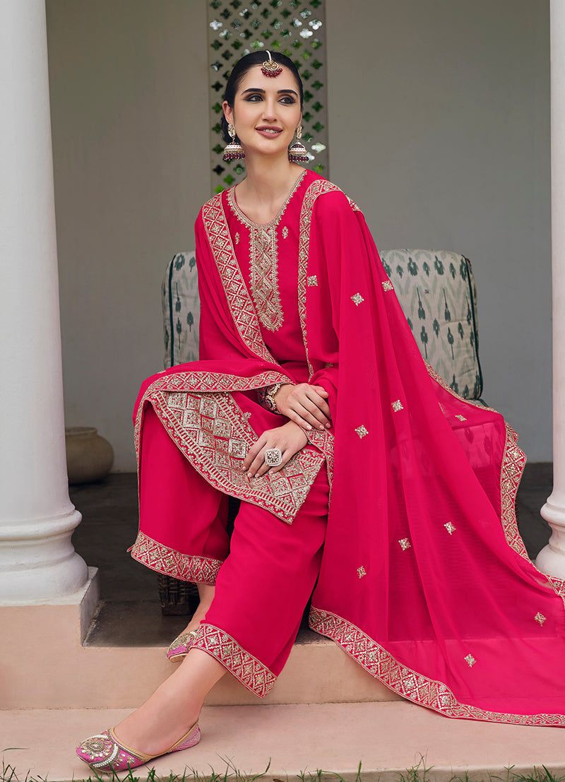 Monjolika Fashion Embroidered Georgette Rani Pink Trendy Salwar Kameez - Distacart