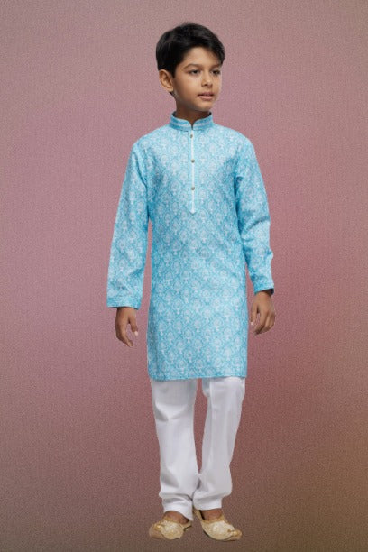 Raivat Ethnic Cotton Thread Work Kids Kurta Pajama In Sky Blue Colour