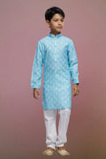 Raivat Ethnic Cotton Thread Work Kids Kurta Pajama In Sky Blue Colour