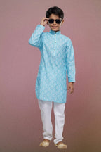Raivat Ethnic Cotton Thread Work Kids Kurta Pajama In Sky Blue Colour