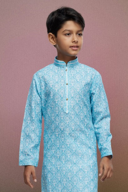Raivat Ethnic Cotton Thread Work Kids Kurta Pajama In Sky Blue Colour